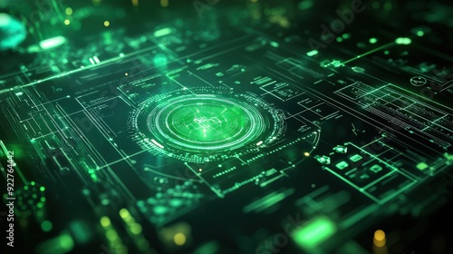 Green themed digital interface with holographic elements and tech symbols