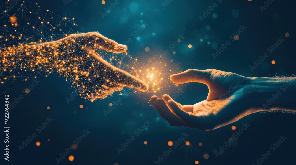 Fototapeta premium Hands exchanging a glowing Bitcoin symbolizing secure cryptocurrency transactions.