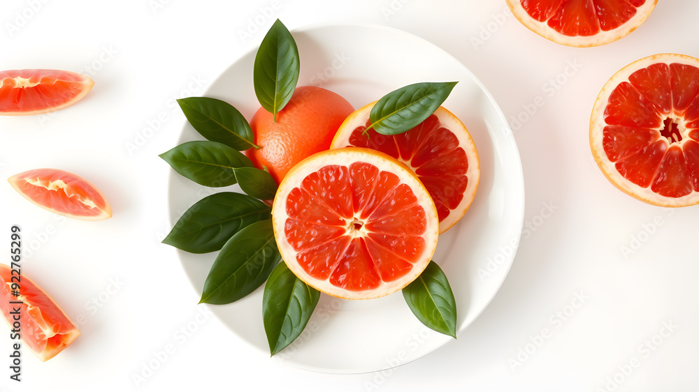 Grapefruit Ruby of Siam,Siam ruby grapefruit, tabtimsiam pomelo, red pomelo, in white plate on white table background. Generative AI Grapefruit Ruby of Siam,Siam ruby grapefruit, tabtimsiam pomelo, red pomelo, in white plate on white table background. Generative AI