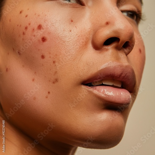 Close-Up of a Woman's Face with Acne: Skincare Tips and Solutions, Understanding Acne on Women's Faces: Causes, Treatments, and Prevention, A Close-Up Look at Acne-Prone Skin: Effective Skincare Routi photo