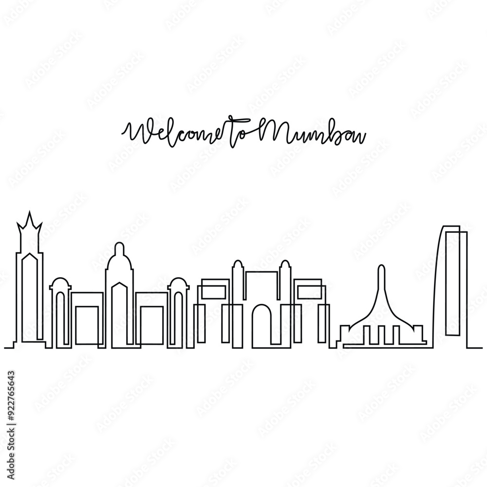 One continuous line drawing of Mumbai skyline vector illustration. Modern city in India in simple linear style vector design concept. Big city in India. Iconic architectural skyline building One continuous line drawing of Mumbai skyline vector illustration. Modern city in India in simple linear style vector design concept. Big city in India. Iconic architectural skyline building