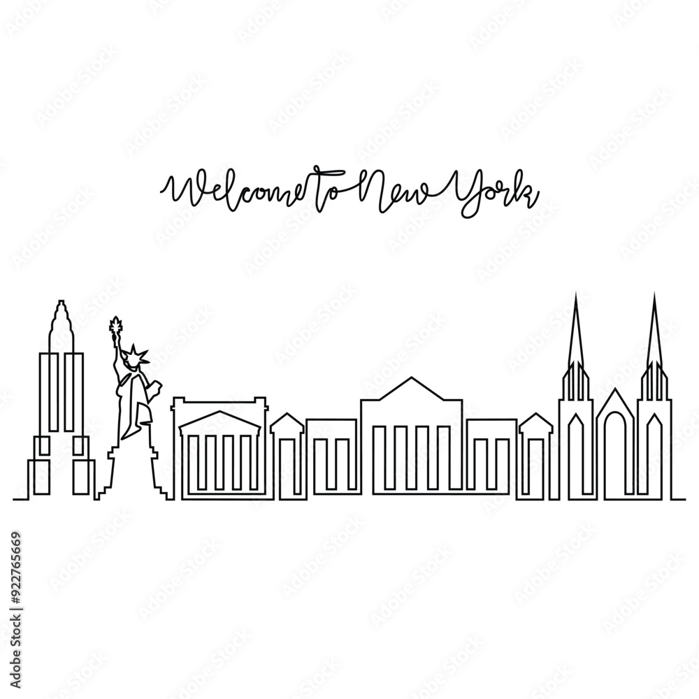 One continuous line drawing of New York skyline vector illustration. Modern city in USA in simple linear style vector design concept. Big city in USA. Iconic architectural skyline building One continuous line drawing of New York skyline vector illustration. Modern city in USA in simple linear style vector design concept. Big city in USA. Iconic architectural skyline building