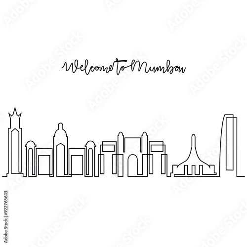 One continuous line drawing of Mumbai skyline vector illustration. Modern city in India in simple linear style vector design concept. Big city in India. Iconic architectural skyline building