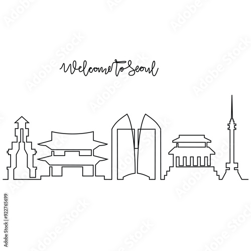 One continuous line drawing of Seoul skyline vector illustration. Modern city in South Korea in simple linear style vector design concept. Big city in South Korea. Icon architectural skyline building.