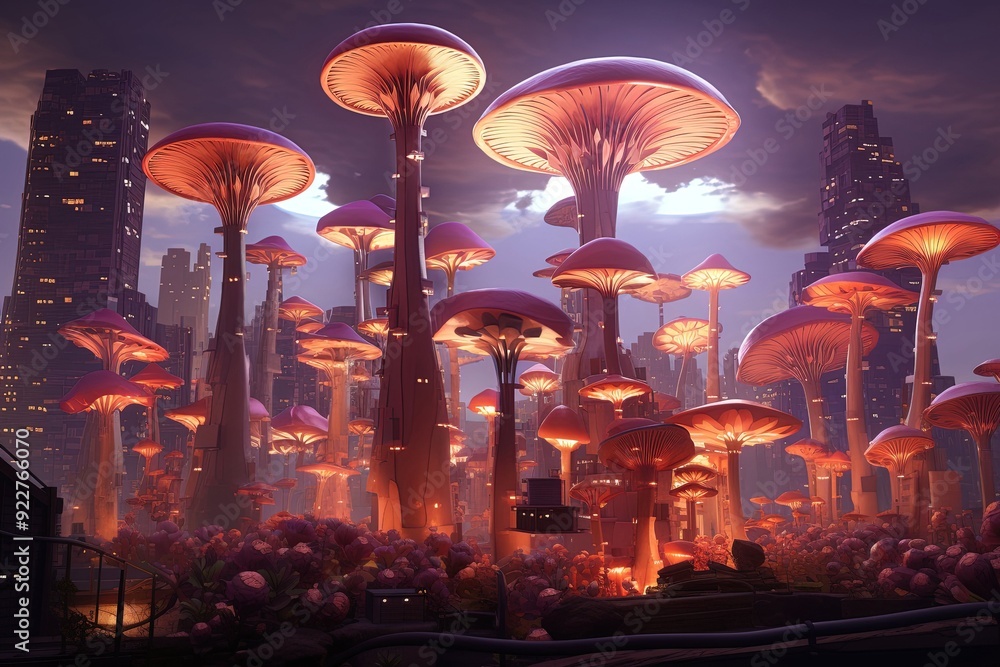 Surreal Dream with Giant Mushrooms Towering Over Cityscape (1) Surreal Dream with Giant Mushrooms Towering Over Cityscape (1)