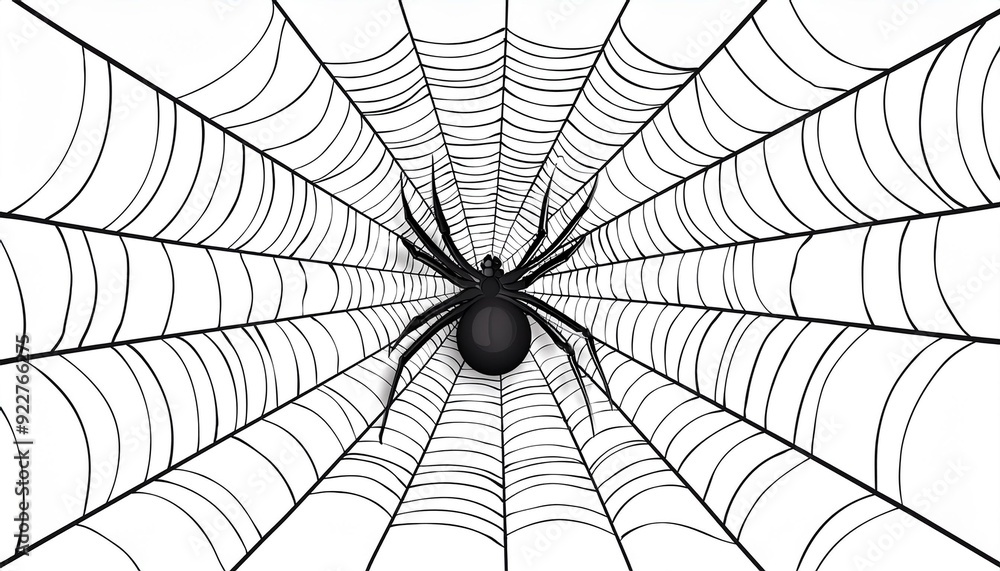 Obraz premium Black spider and torn web. Scary spiderweb of Halloween symbol. Isolated on white illustration