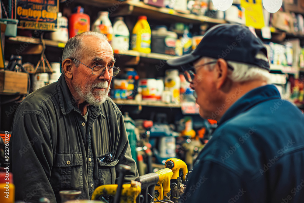 Obraz premium Candid, Friendly Conversation at a Small Town Hardware Store