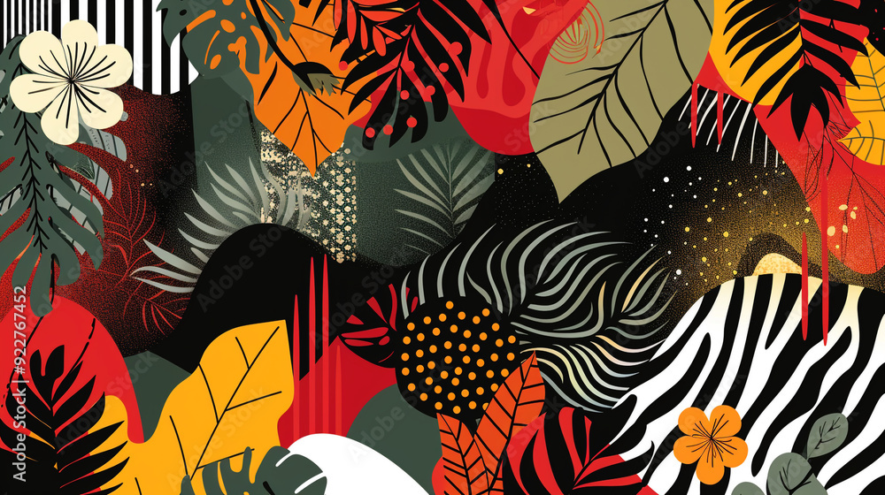 A graphic illustration design for background, wallpaper, or cover with bold colors and shapes of a jungle theme. A graphic illustration design for background, wallpaper, or cover with bold colors and shapes of a jungle theme.
