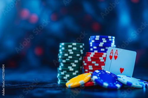 Close up shot of four aces and colorful stacks of chips on a dark background ideal for adding your text or images Represents gambling poker and casino themes photo