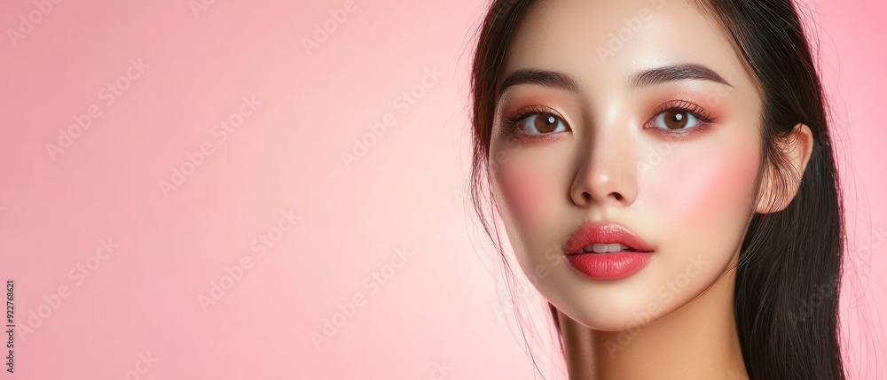 Close-up Portrait of a Young Woman with Makeup and Long Black Hair