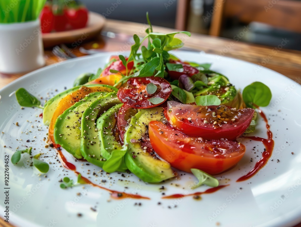 A vibrant craft green salad featuring fresh tomatoes and avocados on a rustic wooden table at a cozy café during lunchtime A vibrant craft green salad featuring fresh tomatoes and avocados on a rustic wooden table at a cozy café during lunchtime