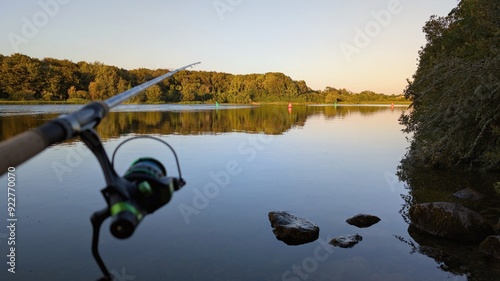 Obraz na płótnie Morning fishing on Corrib river at Galway, Ireland, fishing rod and reel, sport and activities, nature background w salonie