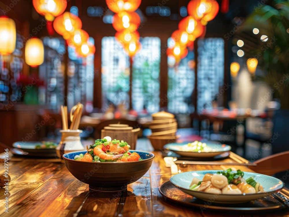 A vibrant dining table set with various Chinese dishes and lanterns in a cozy restaurant atmosphere during the evening A vibrant dining table set with various Chinese dishes and lanterns in a cozy restaurant atmosphere during the evening