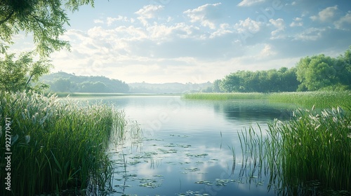 Beautiful wetland habitat with quiet waters tall grasses and vibrant birdlife picture