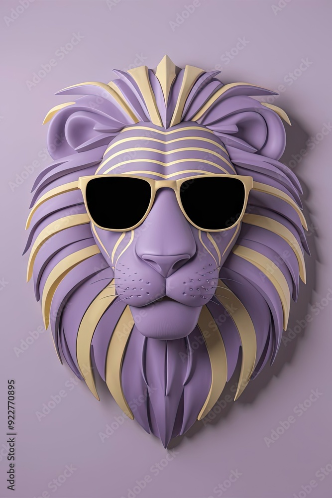 Fototapeta premium 3D abstract illustration of a lion face in two colors, violet and yellow, with luxury sunglasses. Copy space.