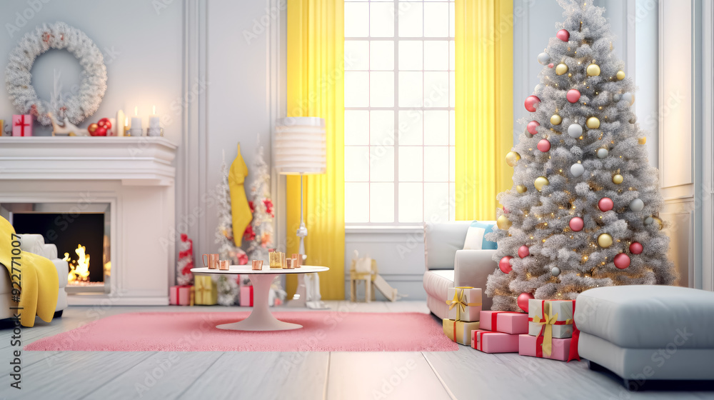 A Christmas tree is in the middle of a living room with a white couch and a white coffee table A Christmas tree is in the middle of a living room with a white couch and a white coffee table