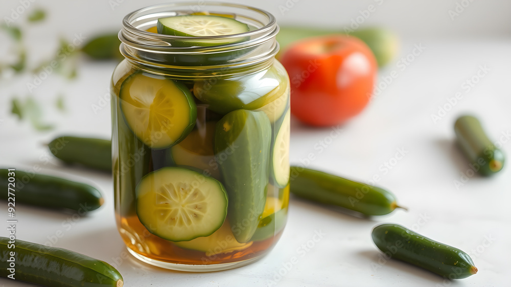 Pickled cucumbers in jar on light background. Generative AI Pickled cucumbers in jar on light background. Generative AI