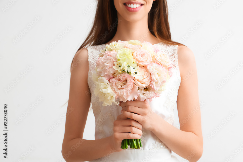 Bride with beautiful wedding bouquet on white background Bride with beautiful wedding bouquet on white background