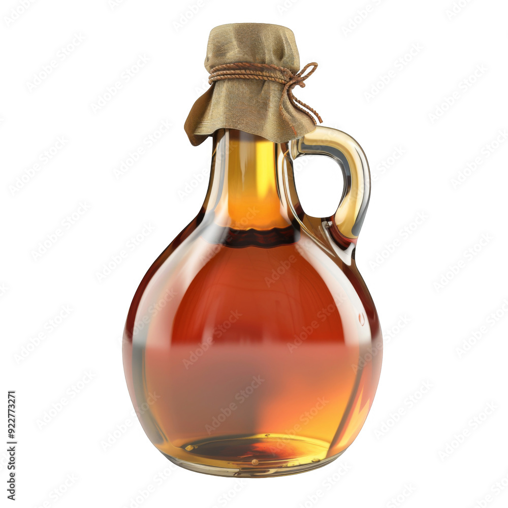 Glass bottle with a fabric stopper filled with amber liquid Glass bottle with a fabric stopper filled with amber liquid