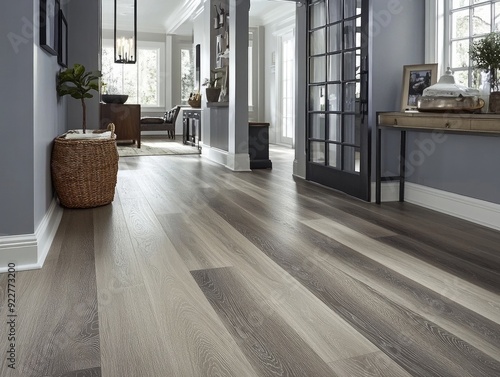 a modern farmhouse style foyer with gray LVP flooring. The walls are also painted gray. --chaos 20 --ar 4:3 --style raw --v 6.1 Job ID: dbb37aa9-231b-47d7-9874-6c61df8eab8d
