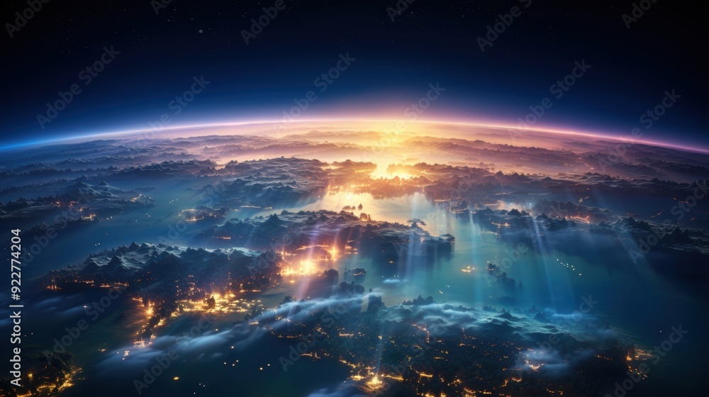 Panoramic view on planet Earth globe from space. Glowing city lights, light clouds Panoramic view on planet Earth globe from space. Glowing city lights, light clouds