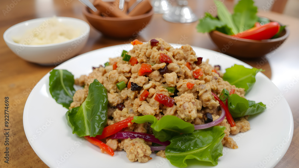 Spicy Minced Pork Salad, thai isan food, thai called Larb Moo. Generative AI Spicy Minced Pork Salad, thai isan food, thai called Larb Moo. Generative AI