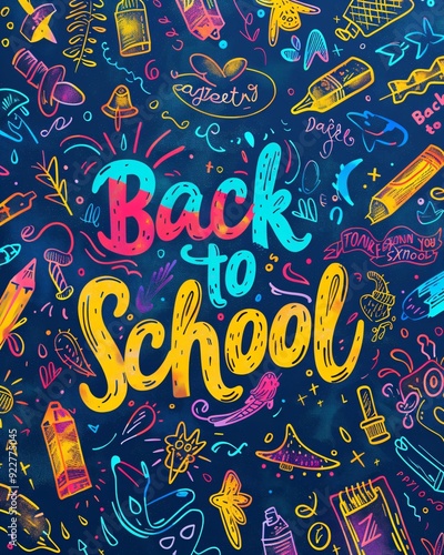 Back to school colorful text on background with doodle pattern