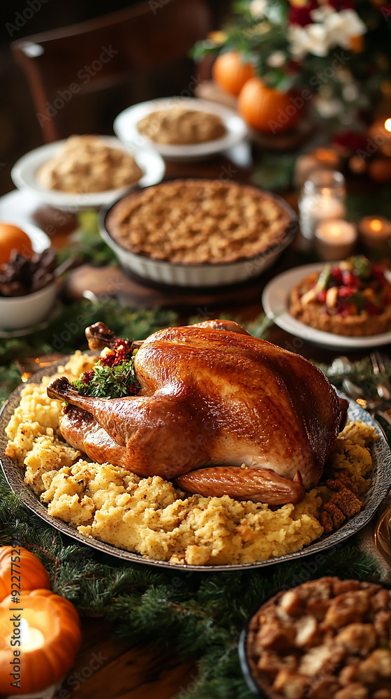 traditional thanksgiving dinner, food photo of bowls filled with thanks giving meal with roast turkey and other foods on a wooden table traditional thanksgiving dinner, food photo of bowls filled with thanks giving meal with roast turkey and other foods on a wooden table