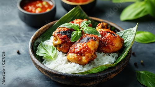 A bowl of rice with chicken and sauce on top, AI