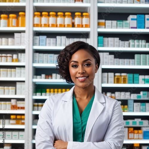 Portrait of young beautiful smiling female pharmacist in pharmacy. 