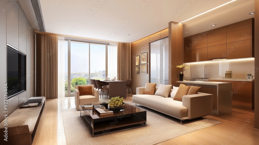 A living room with a couch, coffee table and television, AI A living room with a couch, coffee table and television, AI
