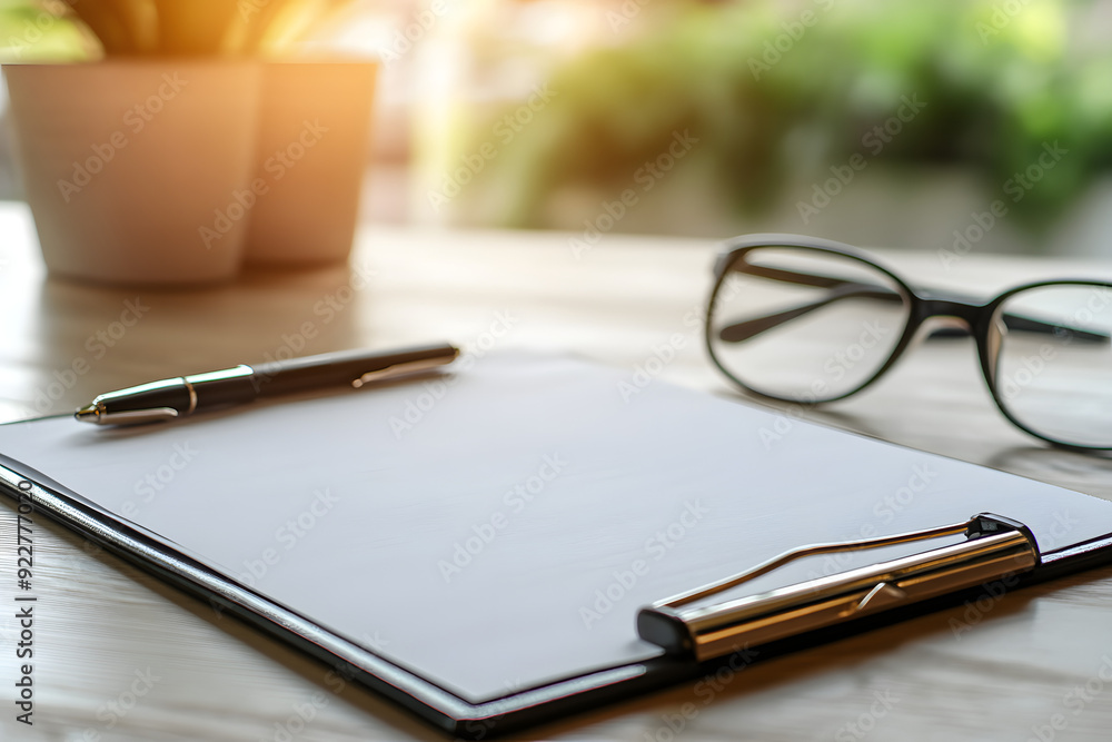 Empty clipboard out on a wooden table, with a pen poised for signing and glasses resting beside it, emphasizing professionalism and readiness. Empty clipboard out on a wooden table, with a pen poised for signing and glasses resting beside it, emphasizing professionalism and readiness.