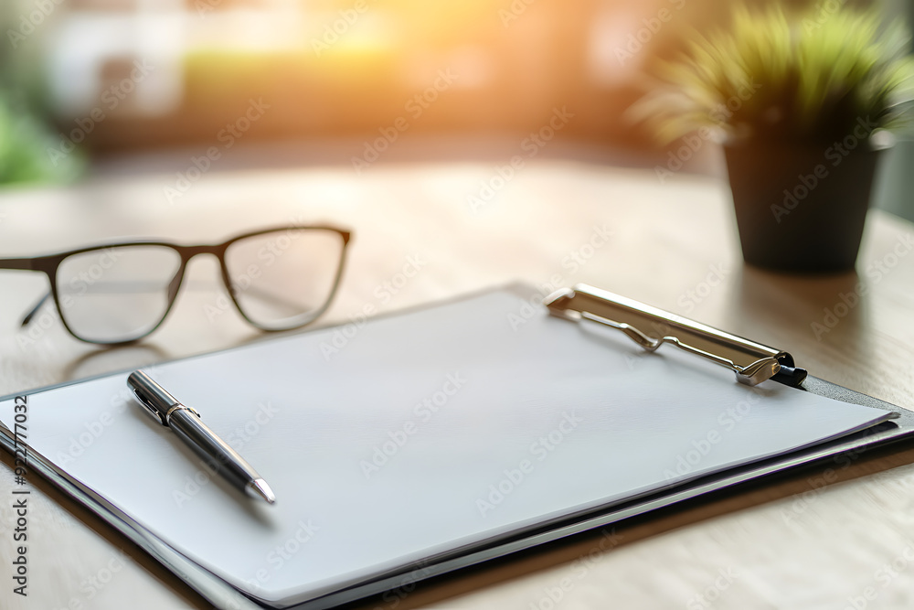 Empty clipboard out on a wooden table, with a pen poised for signing and glasses resting beside it, emphasizing professionalism and readiness. Empty clipboard out on a wooden table, with a pen poised for signing and glasses resting beside it, emphasizing professionalism and readiness.