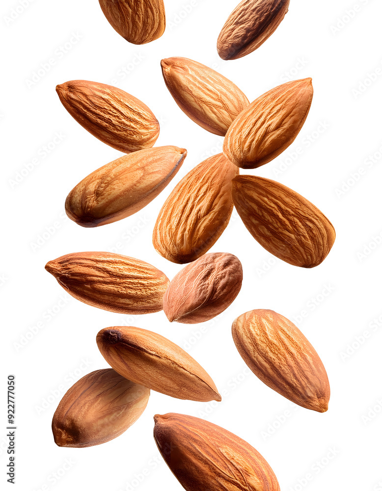 Shelled almonds falling freely vertically on white background Shelled almonds falling freely vertically on white background