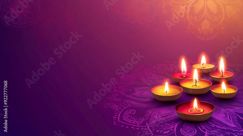 Diwali-Themed Background with Glowing Oil Lamps on a Purple Gradient
