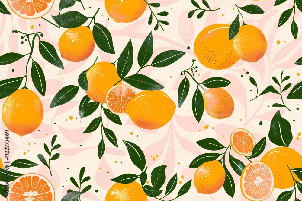 A vibrant pattern featuring oranges and leaves on a soft pink background, ideal for textiles or decorative designs. A vibrant pattern featuring oranges and leaves on a soft pink background, ideal for textiles or decorative designs.