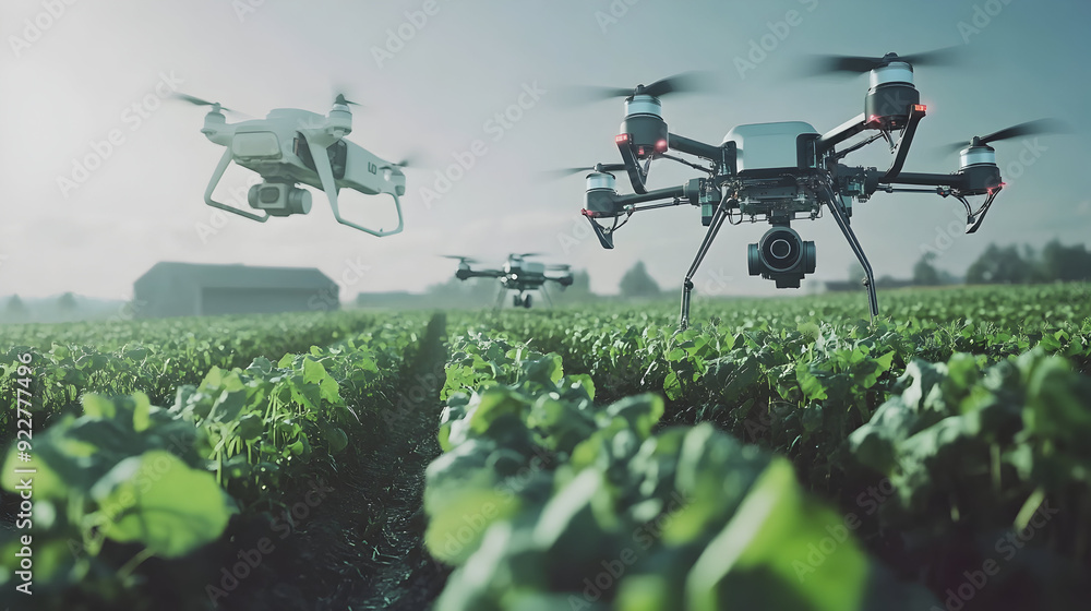 Automated farming with robots in agriculture - An illustration showcasing robots and drones actively engaged in agricultural tasks, such as planting, monitoring crops, and overseeing harvests. Automated farming with robots in agriculture - An illustration showcasing robots and drones actively engaged in agricultural tasks, such as planting, monitoring crops, and overseeing harvests.
