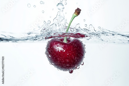 Morello Cherry falling into the water with a splash on a white background