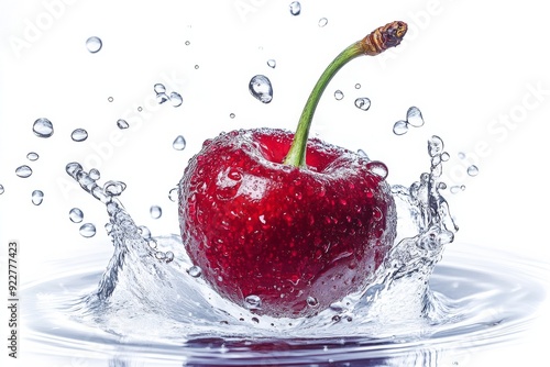 Morello Cherry falling into the water with a splash on a white background