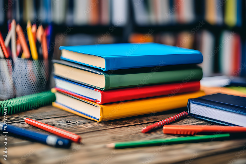 A neatly arranged stack of textbooks with bright, colorful covers on a wooden desk. Surrounding the books are various school supplies, such as pencils, pens, a ruler, and a notebook. A neatly arranged stack of textbooks with bright, colorful covers on a wooden desk. Surrounding the books are various school supplies, such as pencils, pens, a ruler, and a notebook.