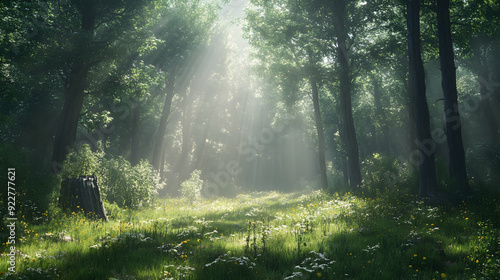  Forest Glade with Sunbeams Filtering Through Trees