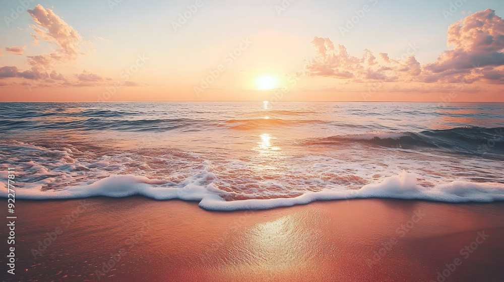 Fototapeta premium Serene Beachside Sunset with Warm Tones and Gentle Ocean Waves