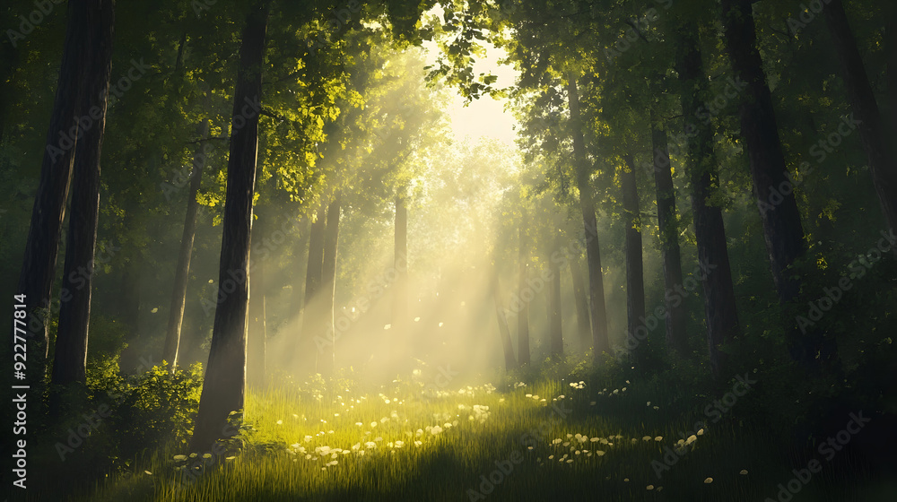 Obraz premium A peaceful woodland backdrop highlighted tall trees bathed in soft, dappled light.
