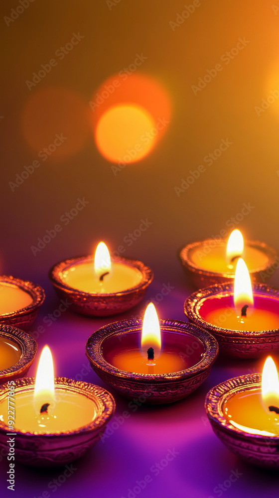 Diwali-Themed Background with Glowing Oil Lamps on a Purple Gradient Diwali-Themed Background with Glowing Oil Lamps on a Purple Gradient