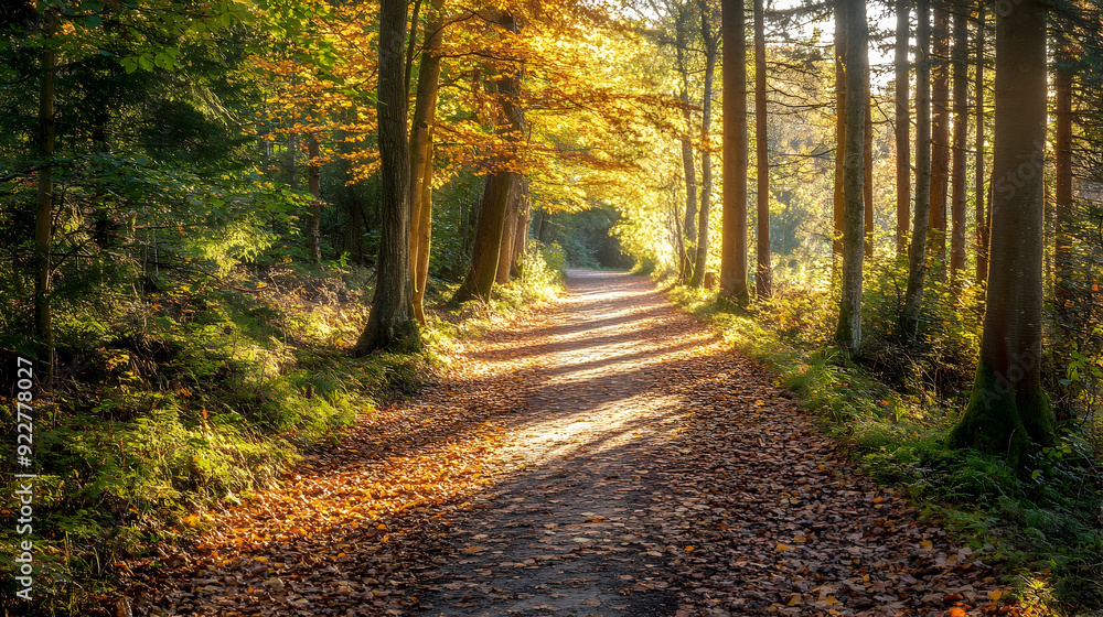 Fototapeta premium Shaded Forest Path with Fallen Leaves and Sunlight Dappled Through Trees