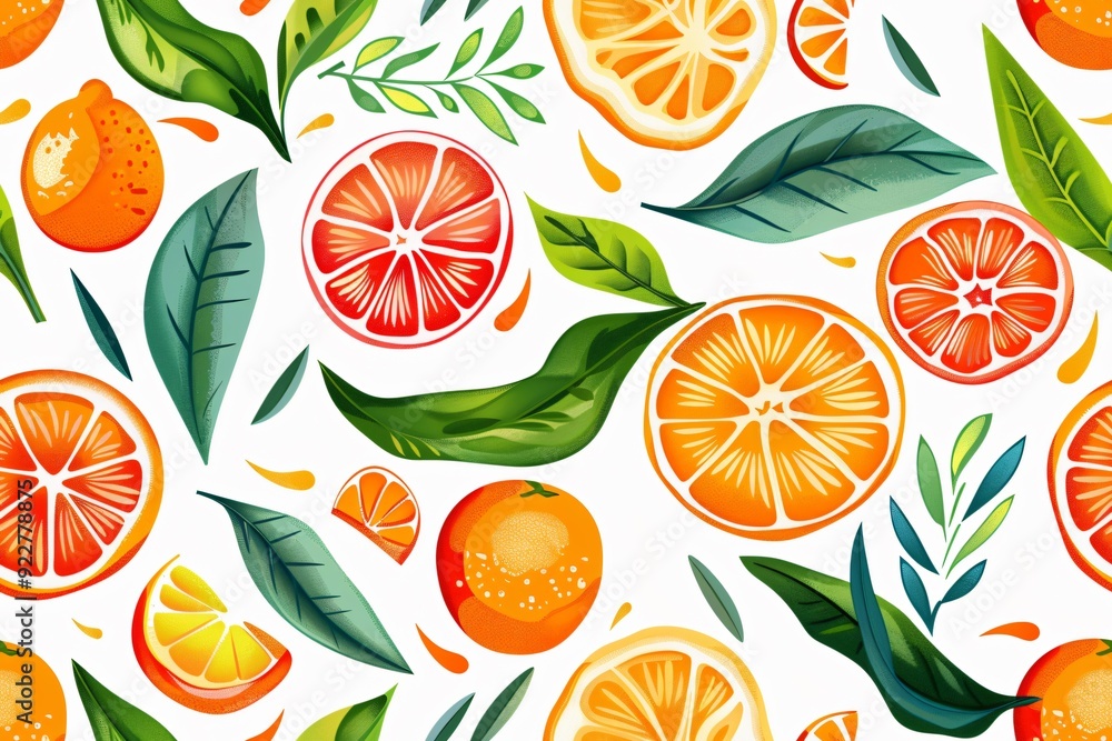 A vibrant pattern featuring various citrus fruits and green leaves, ideal for fresh designs or food-related themes. A vibrant pattern featuring various citrus fruits and green leaves, ideal for fresh designs or food-related themes.
