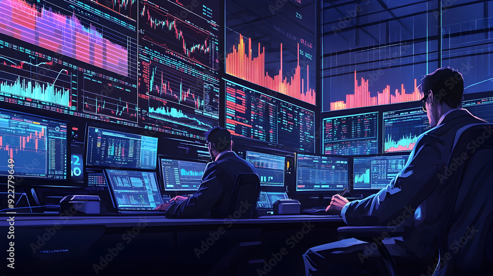 Stock market traders examining financial charts - An illustration of traders deeply engaged with several screens showing stock market data and financial graphs. Stock market traders examining financial charts - An illustration of traders deeply engaged with several screens showing stock market data and financial graphs.