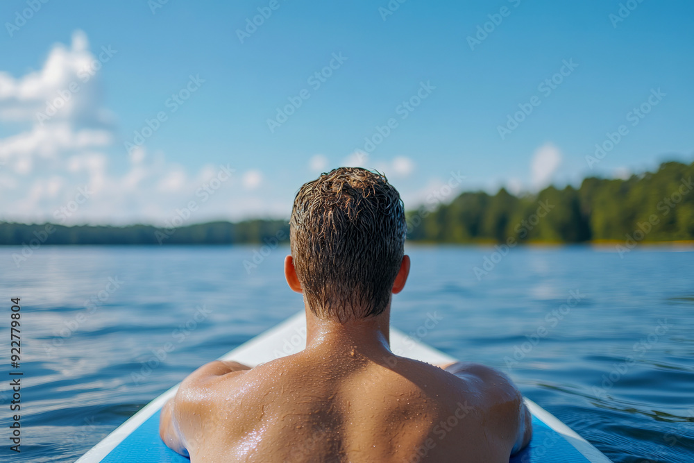 Fototapeta premium Man Relaxing on Paddleboard in Serene Lake