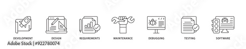 Agile icon sett lineal illustration concept with icon of development, design, requirements, maintenance, debugging, testing and software icon live stroke and easy to edit 