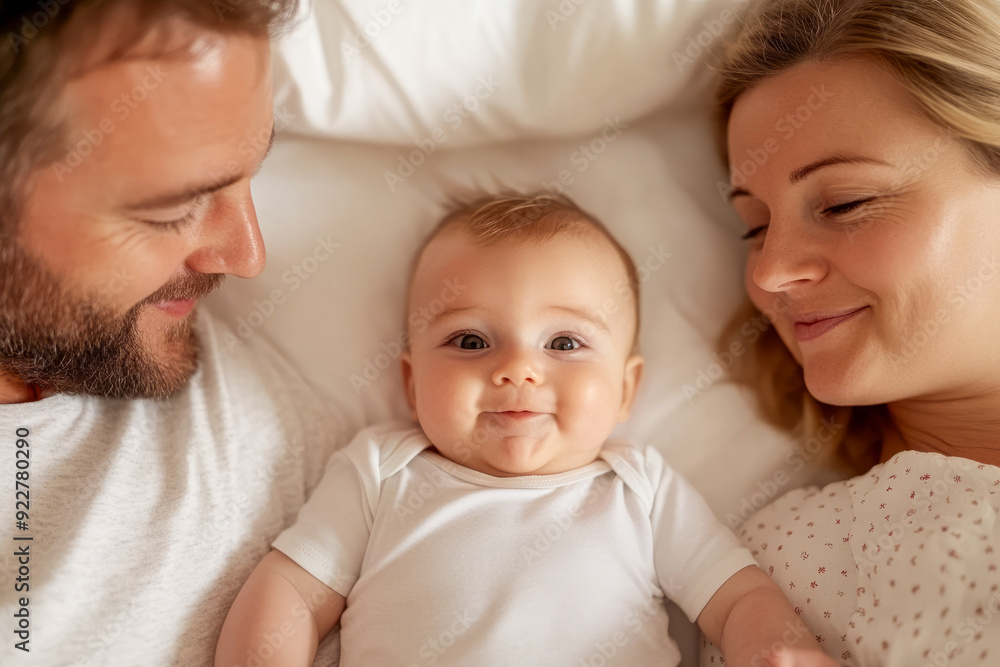 Loving Parents Smiling at Baby in Bed Loving Parents Smiling at Baby in Bed
